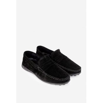 Mocasini barbati din piele nabuc neagra