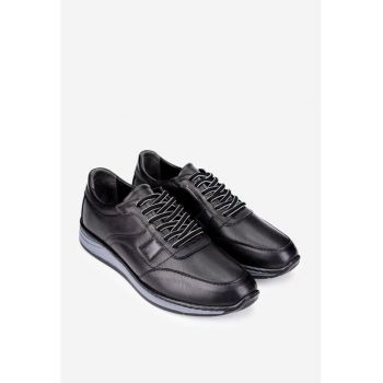 Pantofi barbati din piele naturala neagra cu siret negru cu alb