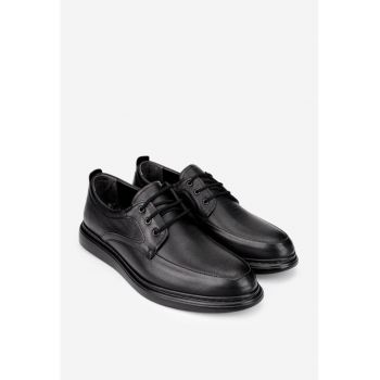 Pantofi barbati din piele naturala neagra cu varf rotunjit