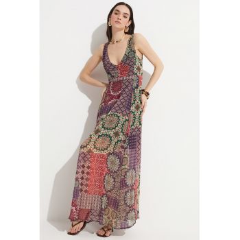 Rochie lunga cu imprimeu si slit lateral