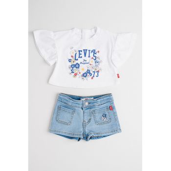 Set de tricou din amestec de bumbac cu imprimeu si pantaloni scurti - 2 piese