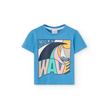Tricou de bumbac cu decolteu la baza gatului si imprimeu