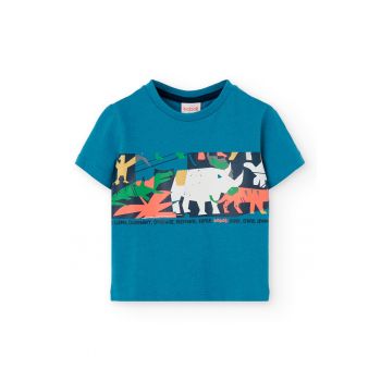 Tricou de bumbac cu decolteu la baza gatului si imprimeu
