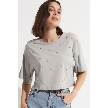 Tricou din bumbac cu strasuri