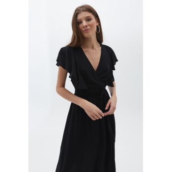 Rochie midi cu decolteu in V si cordon in talie