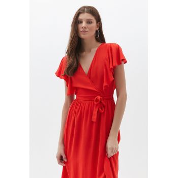 Rochie midi cu decolteu in V si cordon in talie