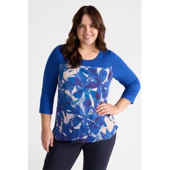 Bluza cu decolteu rotund si imprimeu floral frontal