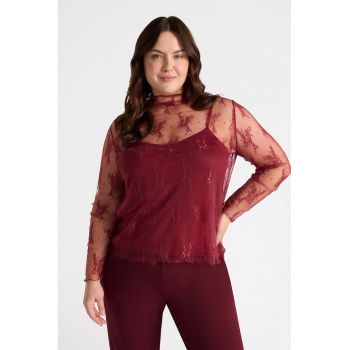 Bluza de dantela cu model floral si guler inalt
