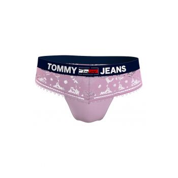 Chiloti tanga de dantela cu banda logo in talie