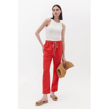 Pantaloni drepti crop cu snur de ajustare