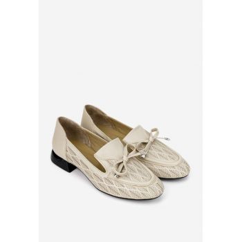 Pantofi dama bej din piele naturala cu funda
