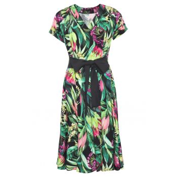 Rochie cu imprimeu tropical si talie marcata - Multicolor