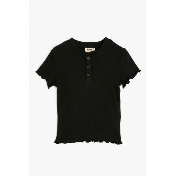 Tricou din amestec de bumbac cu fenta cu nasturi