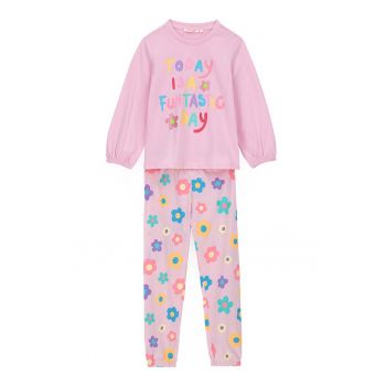 Pijama din bumbac cu model text si floral