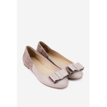 Balerini dama taupe din doua tipuri de piele cu ornament funda