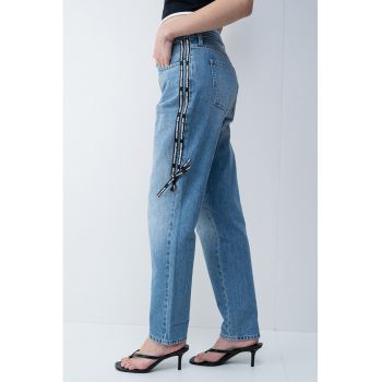 Blugi mom fit cu benzi logo laterale