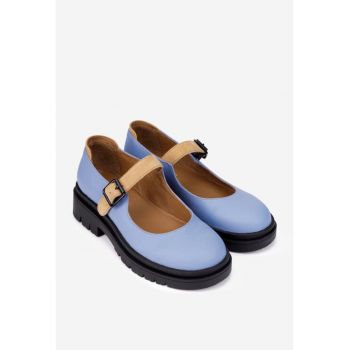 Pantofi dama bleu din piele naturala cu detalii maro ieftini