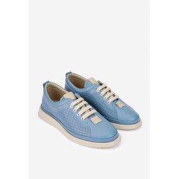Pantofi dama din piele bleu cu detalii bej