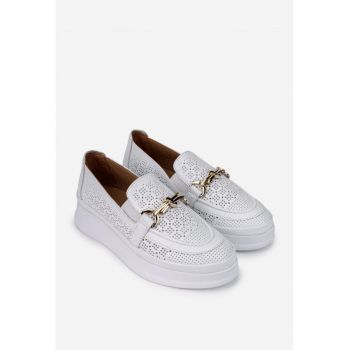 Pantofi dama  din piele perforata alba cu ornament