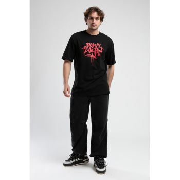 Tricou cu imprimeu logo si maneci cazute