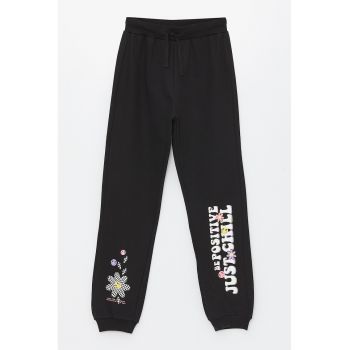 Pantaloni de trening cu imprimeu si talie inalta