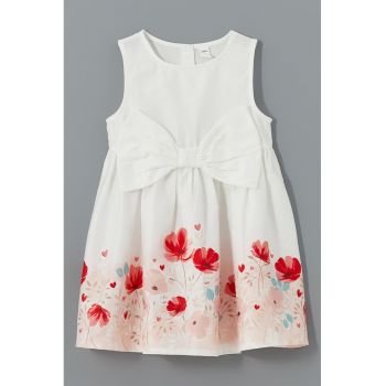 Rochie cu model floral si aplicatie funda pe partea din fata