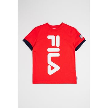 Tricou din bumbac cu imprimeu text si decolteu la baza gatului