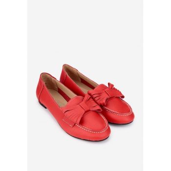 Balerini dama rosii din piele texturata cu accesoriu funda