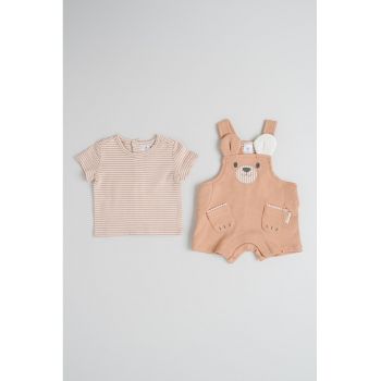 Set de tricou cu model in dungi si salopeta in forma de urs - 2 Piese