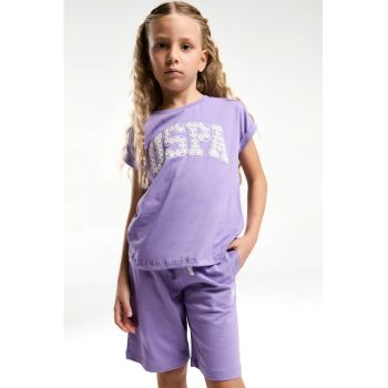 Set de tricou din bumbac si pantaloni scurti cu imprimeu text - 2 Piese