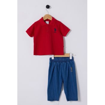 Set de tricou polo si pantaloni din material chambray