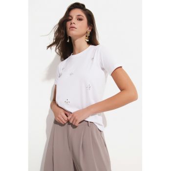 Tricou din bumbac cu aplicatii cu strasuri