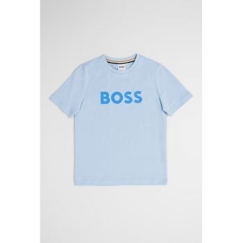 Tricou din bumbac cu imprimeu logo si decolteu la baza gatului
