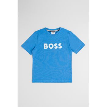 Tricou din bumbac cu imprimeu logo si decolteu la baza gatului