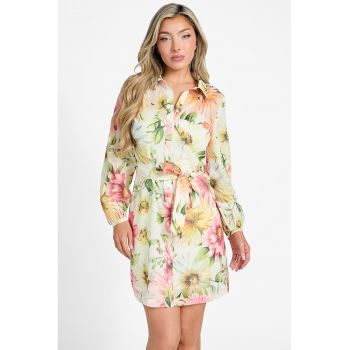 Rochie cu model floral si cordon in talie