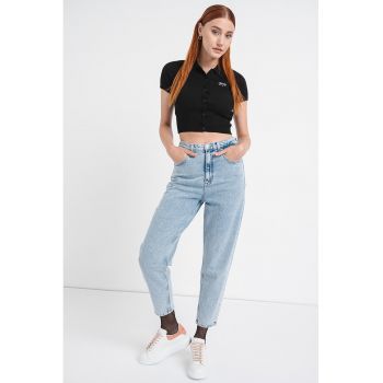 Pulover crop striat cu decolteu polo