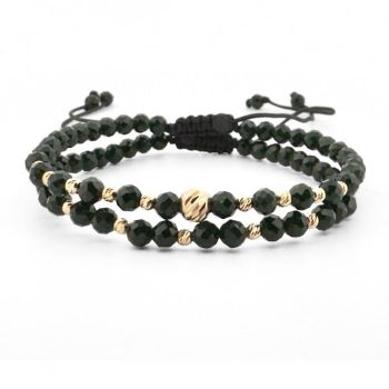 Set Bratari cu Bile de Aur 14K, Piatra Soarelui Verde Fatetat si snur Reglabil