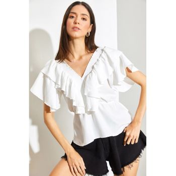 Bluza de bumbac cu decolteu in V si volane