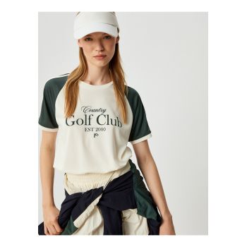 Tricou cu imprimeu text si maneci contrastante