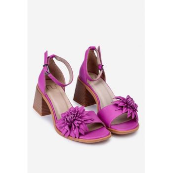 Sandale dama roz  din piele cu ornament floare