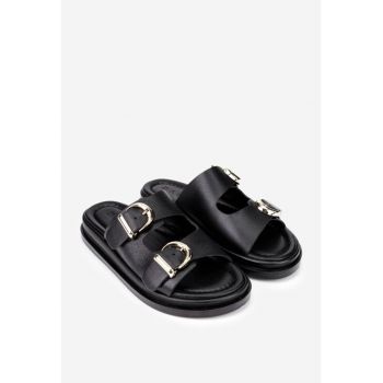 Sandale stil papuc dama negre din piele naturala cu catarame aurii