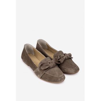 Balerini dama din piele intoarsa taupe cu funda