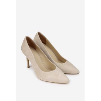 Pantofi dama  din piele intoarsa bej cu toc subtire