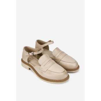 Pantofi dama  din piele naturala bej cu decupaje laterale