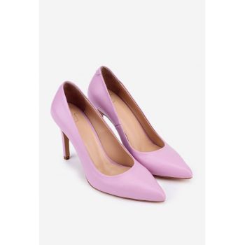 Pantofi  din piele naturala roz pudra cu toc subtire