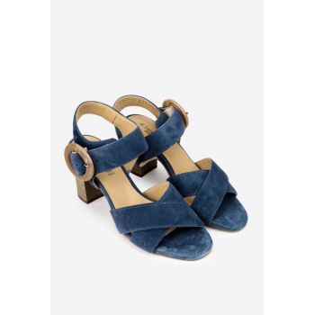 Sandale dama din piele intoarsa bleumarin cu toc