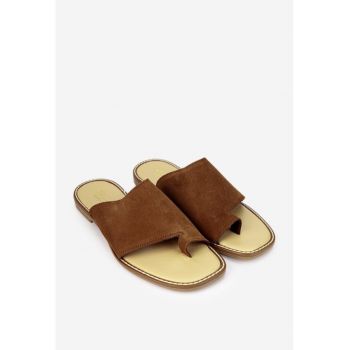 Sandale stil papuc dama din piele intoarsa maro