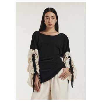 Bluza din bumbac cu maneci ajustabile cu snur si decolteu rotund Salem