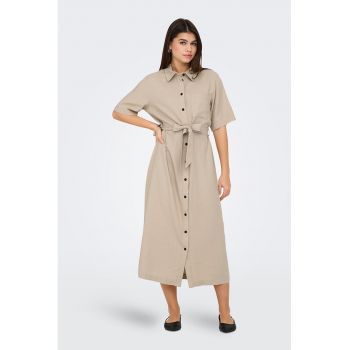 Rochie-camasa midi din amestec de in cu cordon in talie