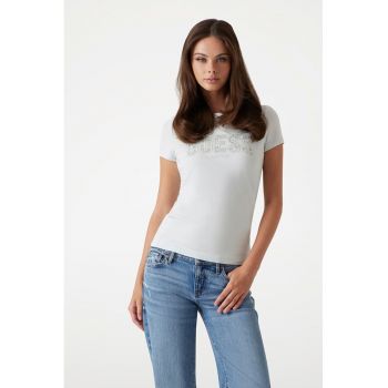 Tricou din amestec de bumbac cu logo cu strasuri
